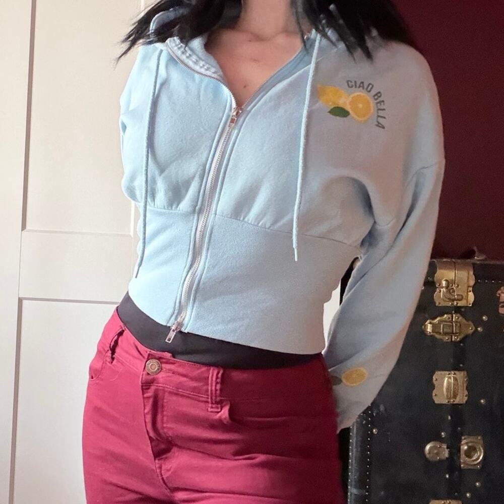 ciao bella baby blue waist cinched hoodie